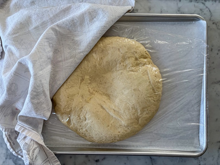 Focaccia dough on a tray after second rise
