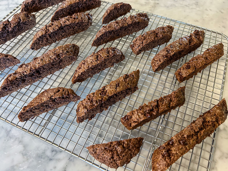 Chocolate biscotti slices on a wire rack