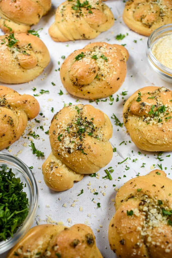 Garlic knots on a white surface