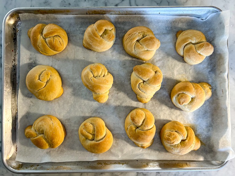 A pan of garlic knots