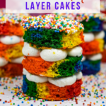 A rainbow buttercream dot layer cake surrounded by sprinkles