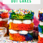 Rainbow dot cakes on a white surface