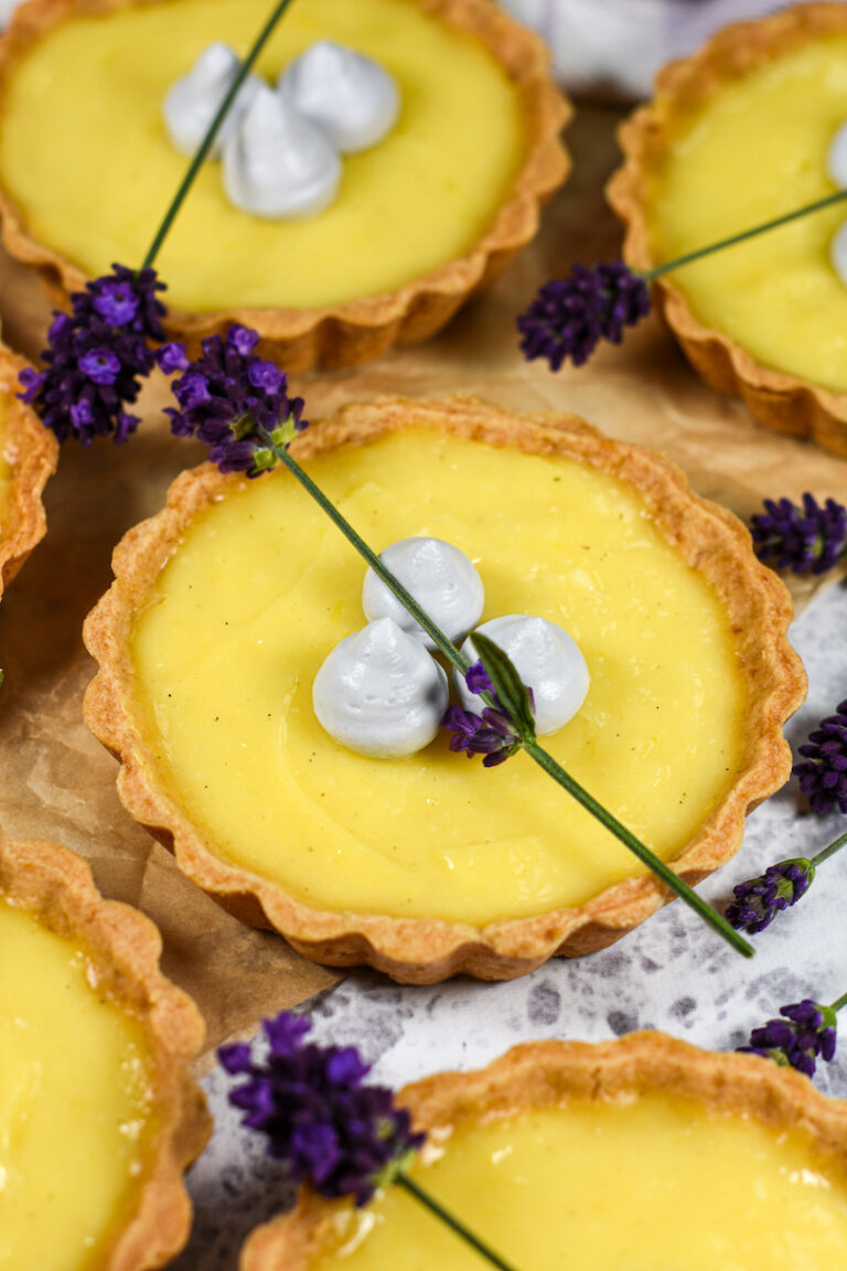 lemon tartlets with lavender sprigs