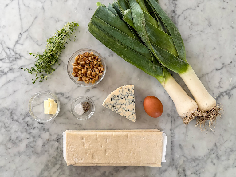 Hand pie ingredients arranged on a marble surface