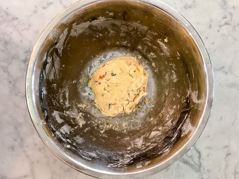 Shortbread dough in a metal bowl