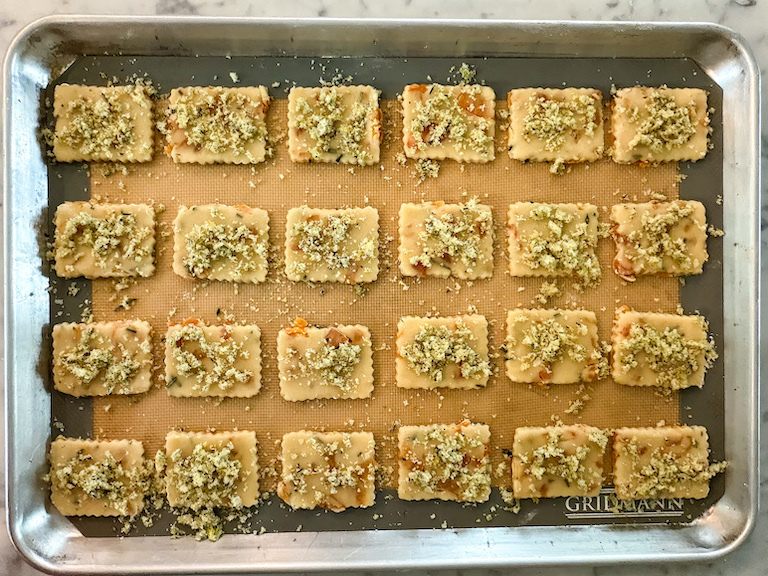 Apricot shortbread arranged on a metal tray