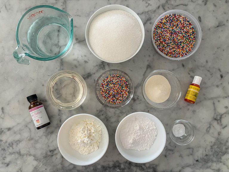 Ingredients for making homemade birthday cake marshmallows