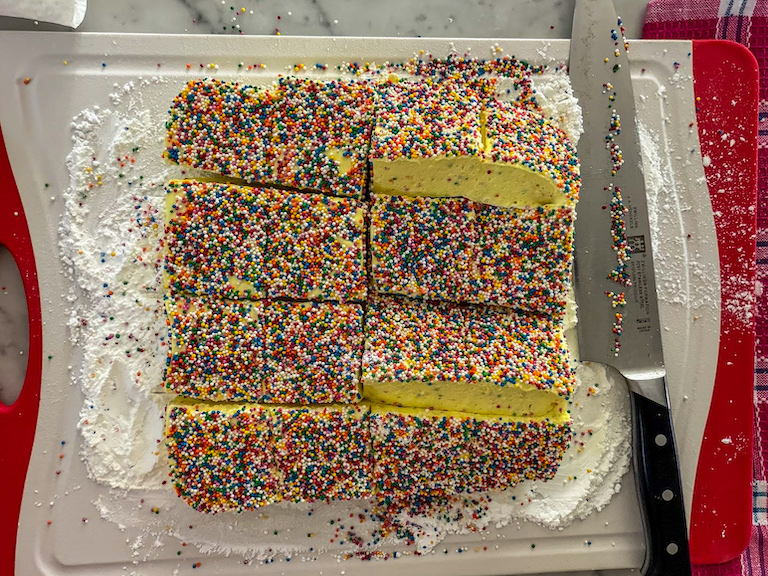 knife slicing marshmallows into squares