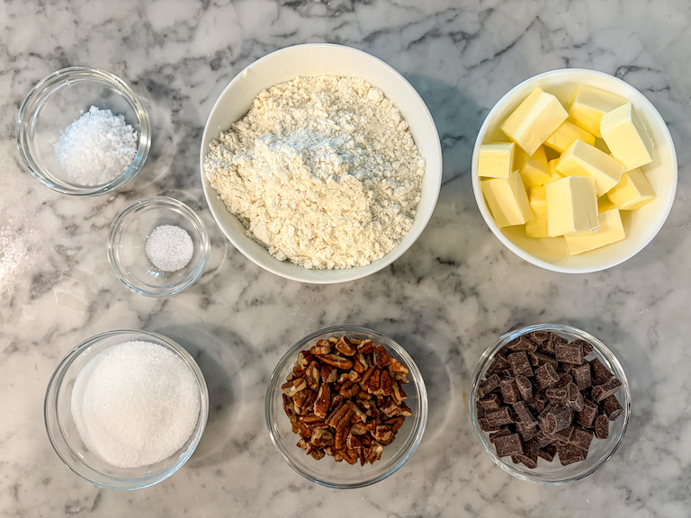 Shortbread recipe ingredients on a marble countertop