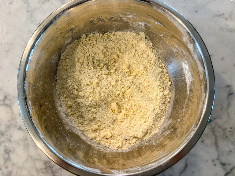 shortbread dough crumbled in a bowl
