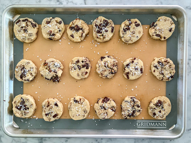 A tray of chocolate pecan shortbread biscuits