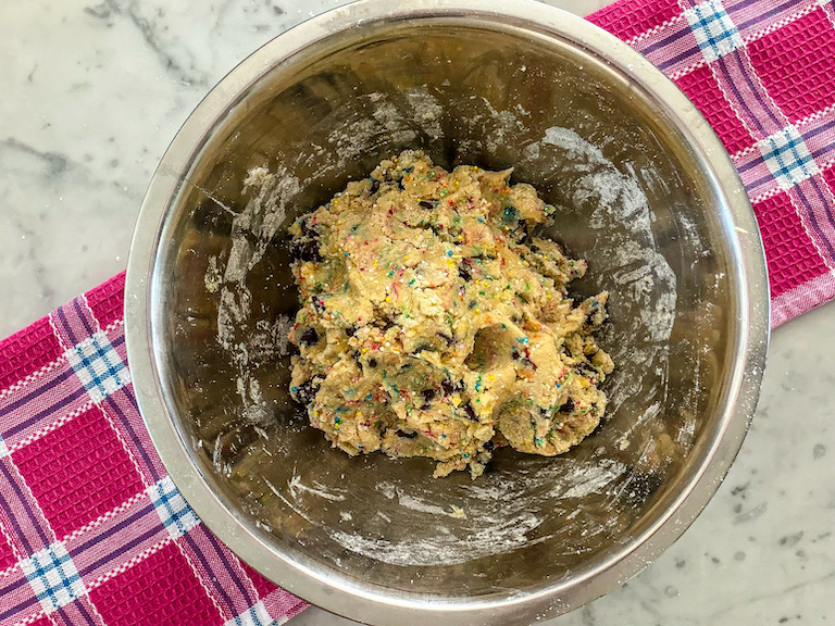 Biscotti dough in a metal bowl