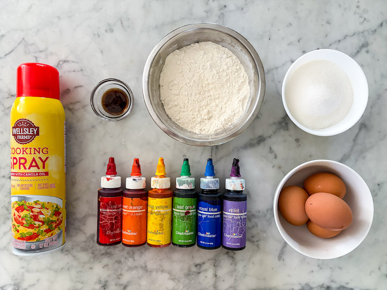 Dot cake recipe ingredients on a white surface