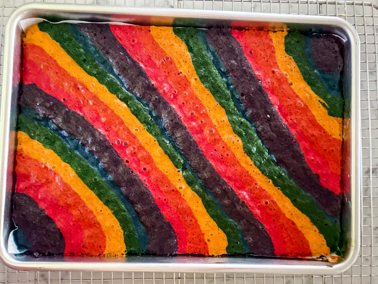 Rainbow sponge cake after baking