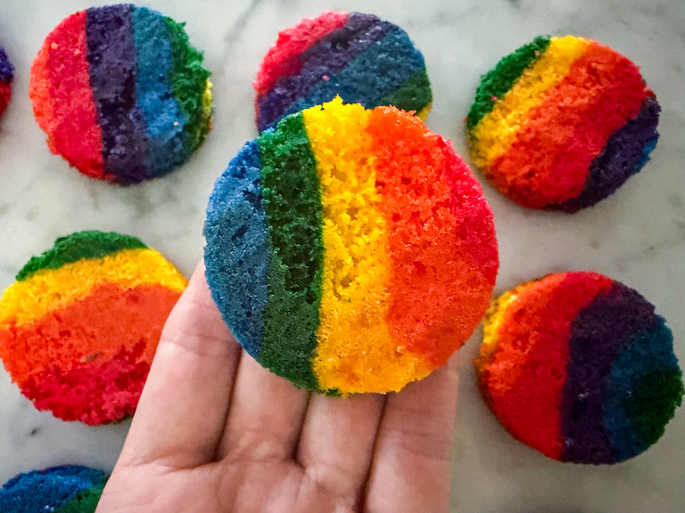 Hand holding a small round rainbow cake layer