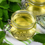 Jars of mint syrup surrounded by leaves of fresh mint