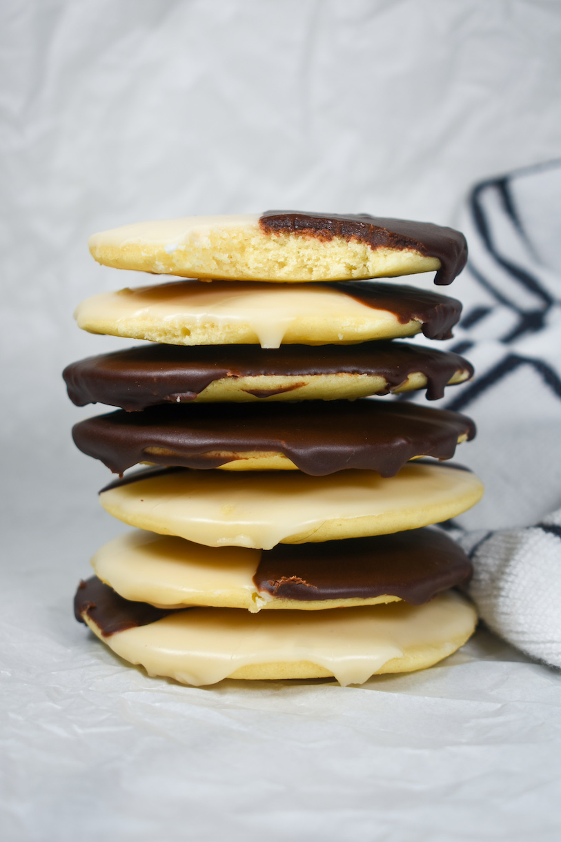 a stack of New York black and white cookies