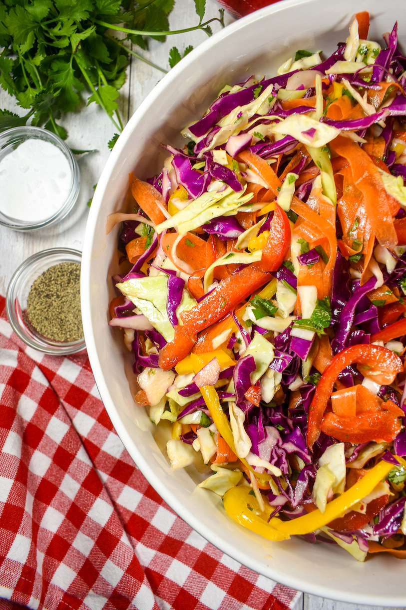 a big bowl of rainbow coleslaw