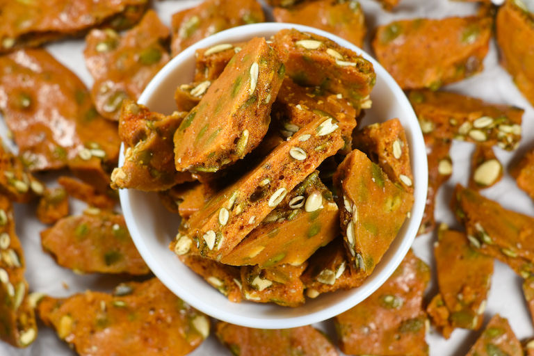 dish of pumpkin seed brittle