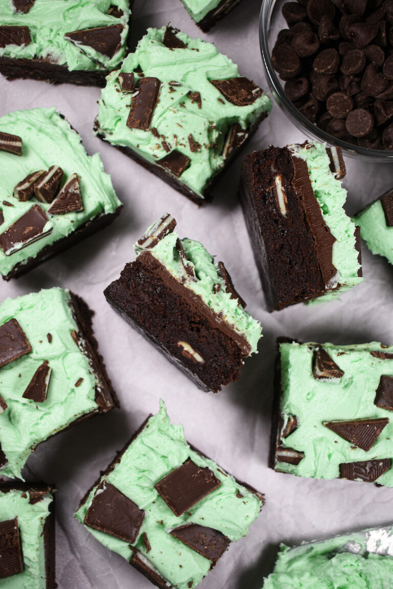 mint brownies on a white surface