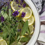 lavender simmer pot with a striped purple towel