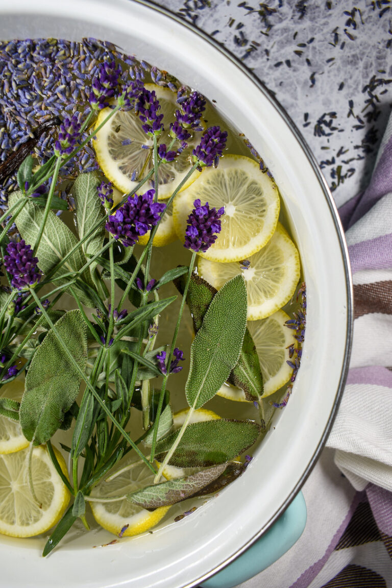 lavender simmer pot with a striped purple towel
