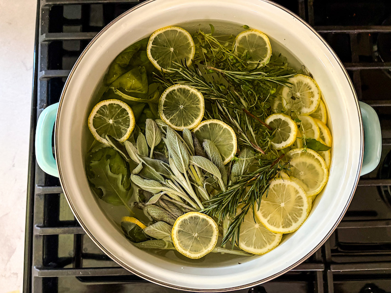 herb and citrus simmer pot on the stovetop