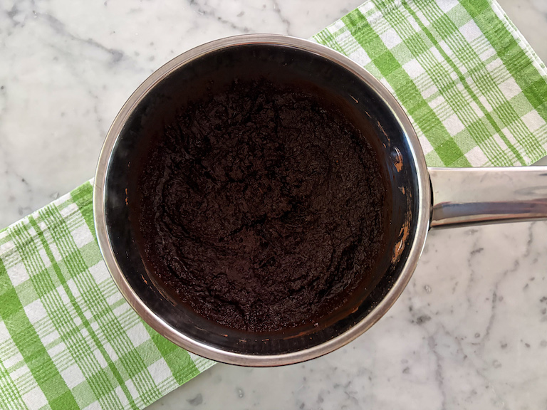 sugar, cocoa powder, and butter melted together in a saucepan