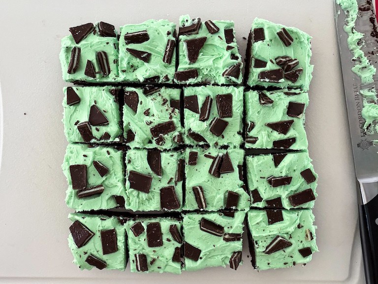 mint brownies sliced into squares