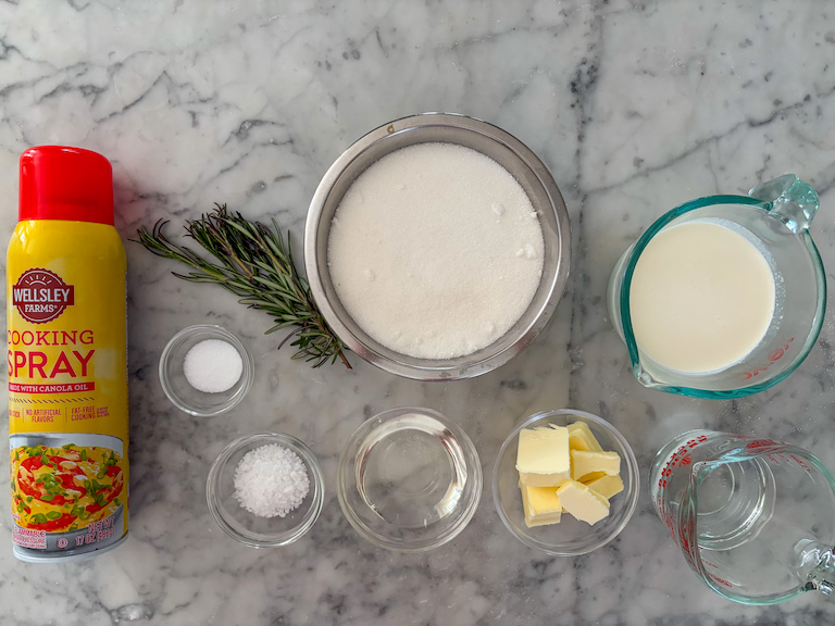 rosemary caramel recipe ingredients on a marble surface