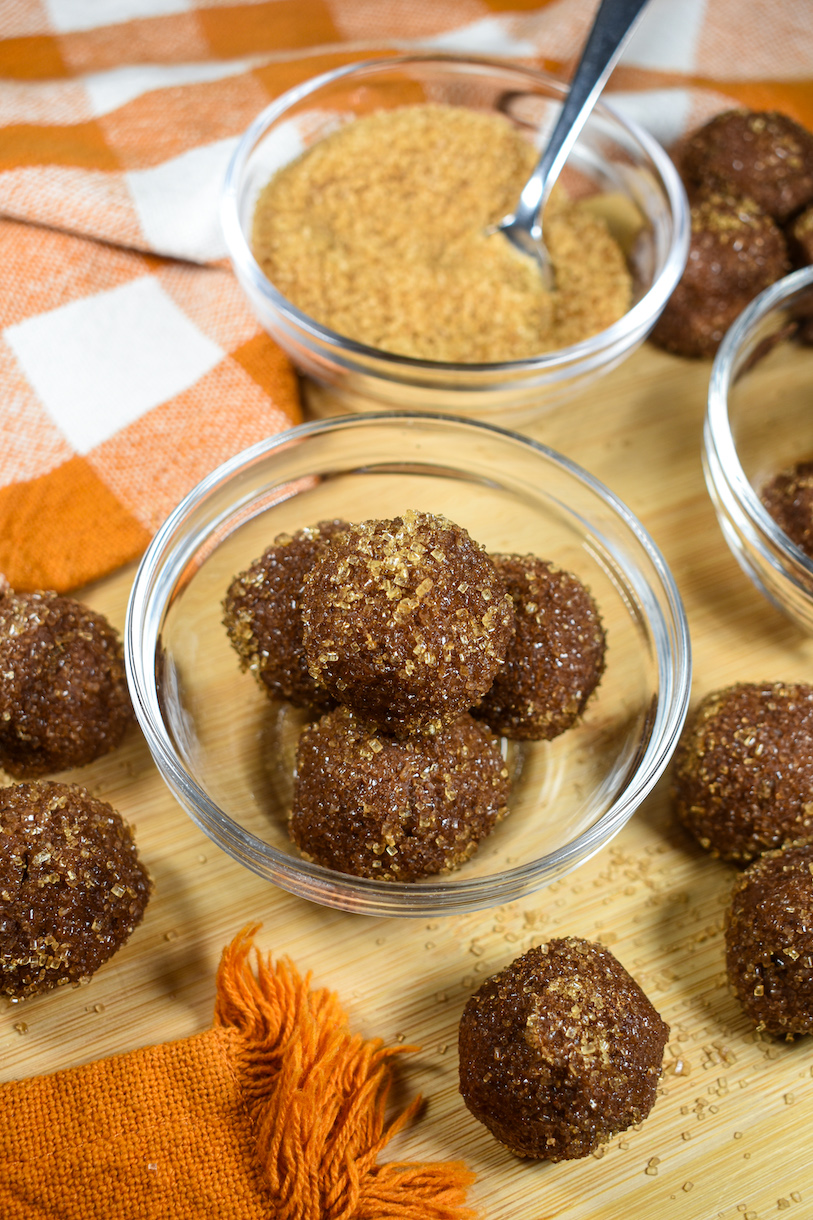 pumpkin spice truffles and a dish of demerara sugar