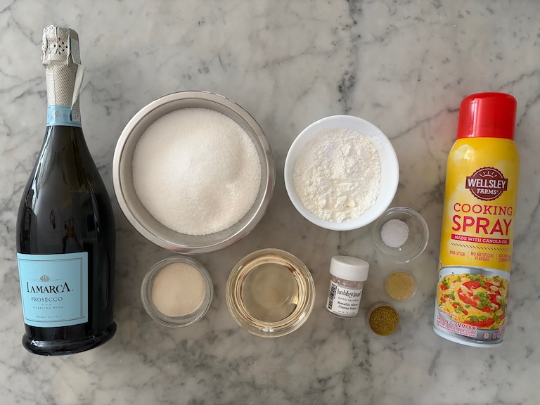 prosecco marshmallow recipe ingredients on a marble surface