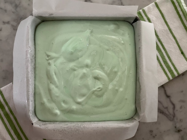 peppermint marshmallow fluff in a square tin