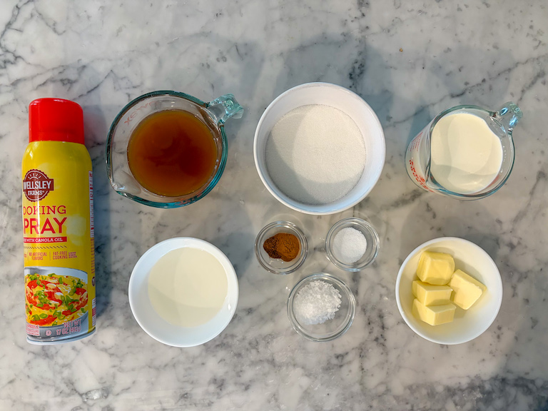 cider caramel ingredients on a marble surface