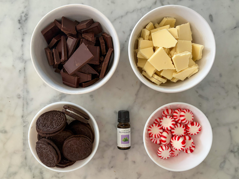 peppermint bark recipe ingredients on a marble surface