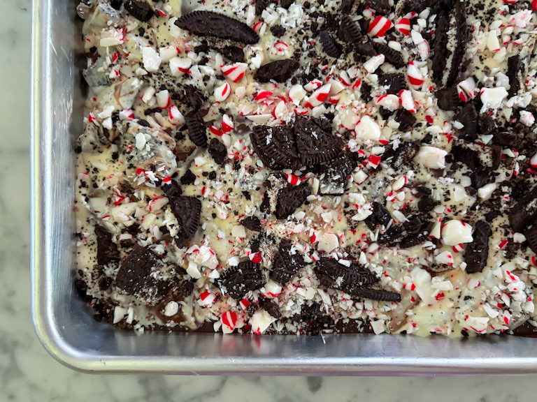 closeup shot of chocolate oreo peppermint bark