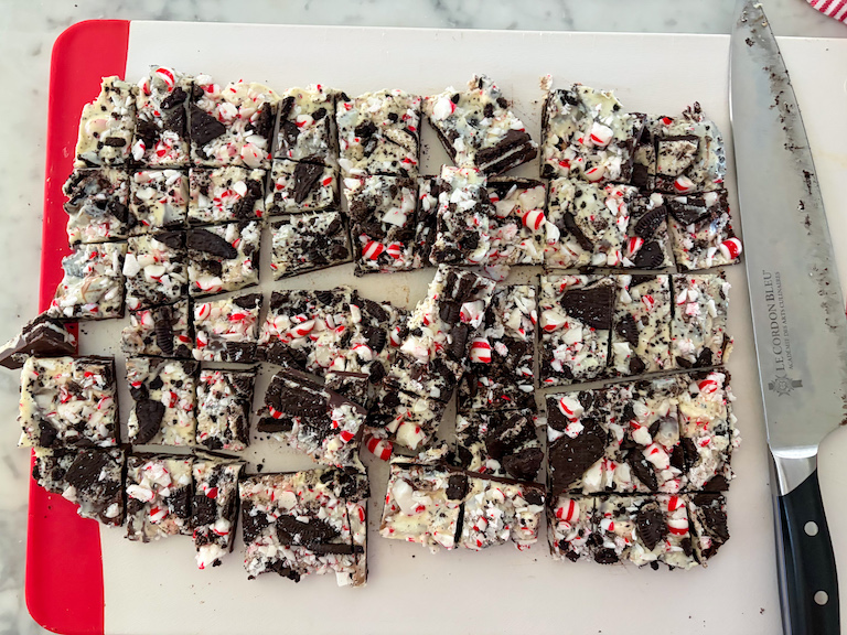 chopping peppermint bark with a sharp knife
