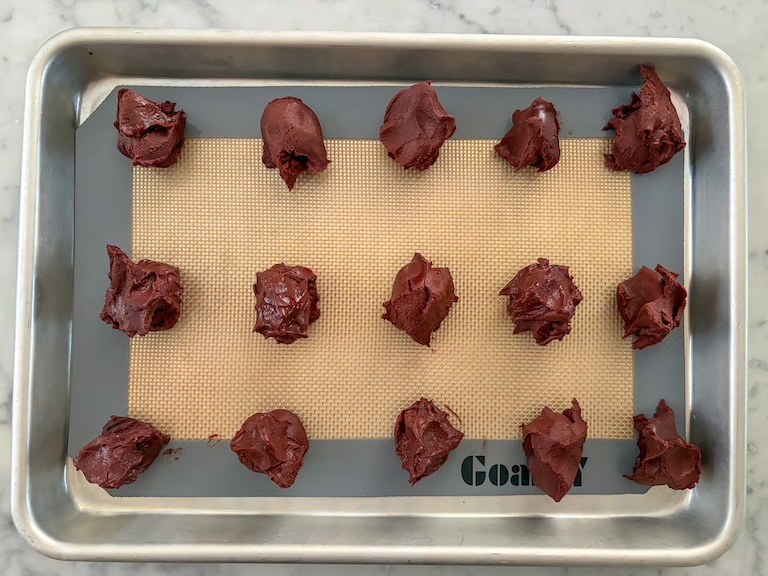 scoops of ganache on a tray
