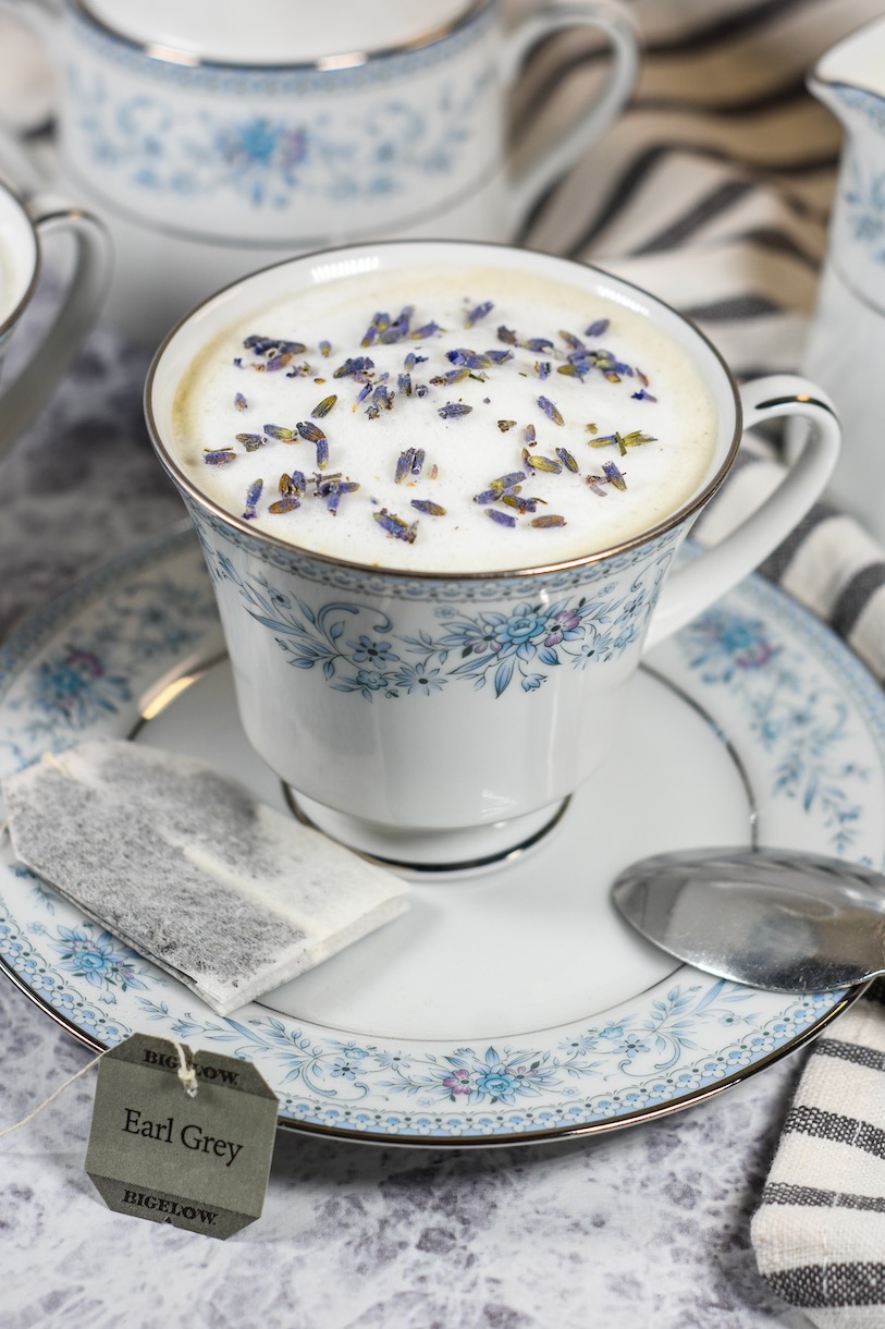 lavender london fog in a ceramic teacup