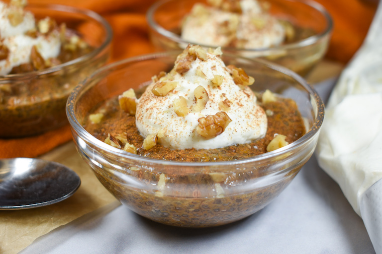 a dish of pumpkin spice chia seed pudding
