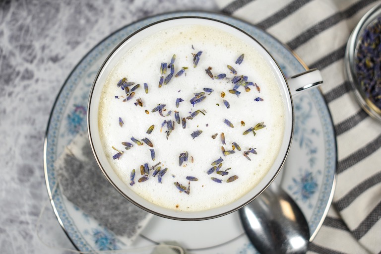 looking down at a lavender london fog in a teacup