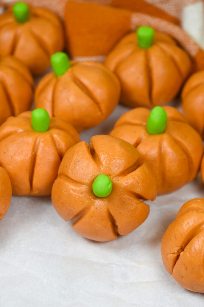 peanut butter pumpkins on a white surface