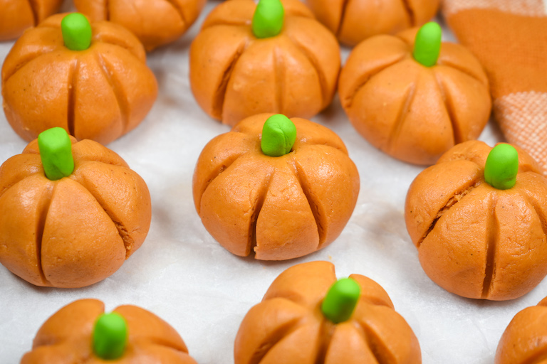 peanut butter pumpkins on a white surface