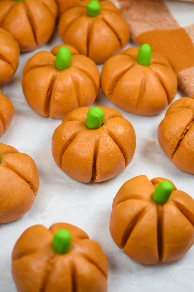 peanut butter pumpkins on a white surface