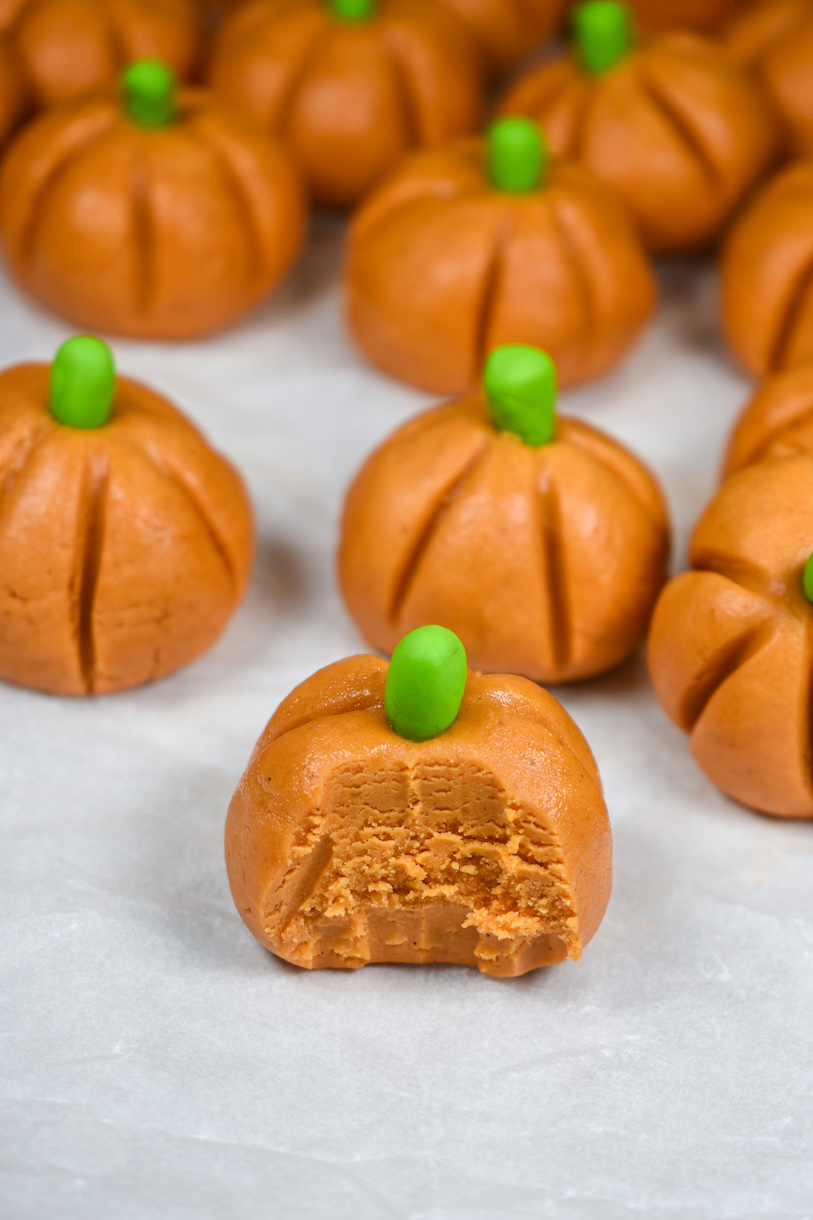 peanut butter fudge pumpkin with a bite missing