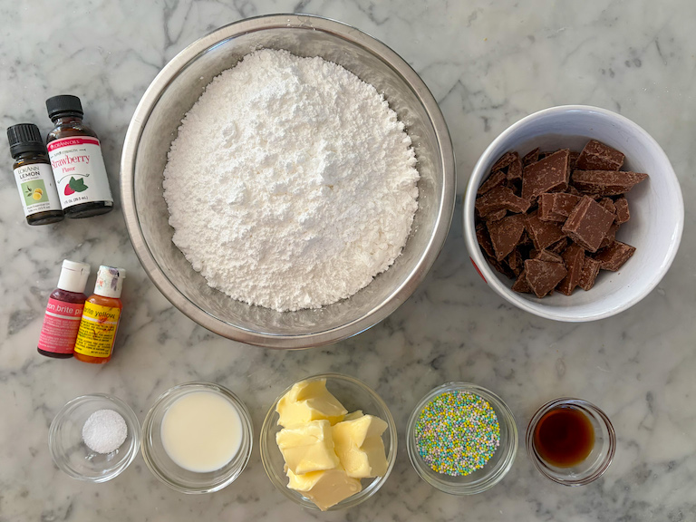 buttercream easter egg recipe ingredients on a marble surface