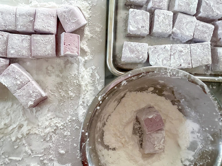 tossing red wine marshmallows in powder