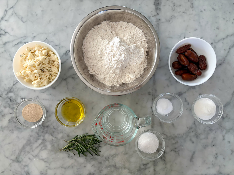 ingredients for making dinner rolls with dates and blue cheese