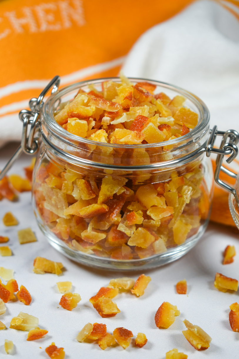jar of mixed peel and an orange striped tea towel