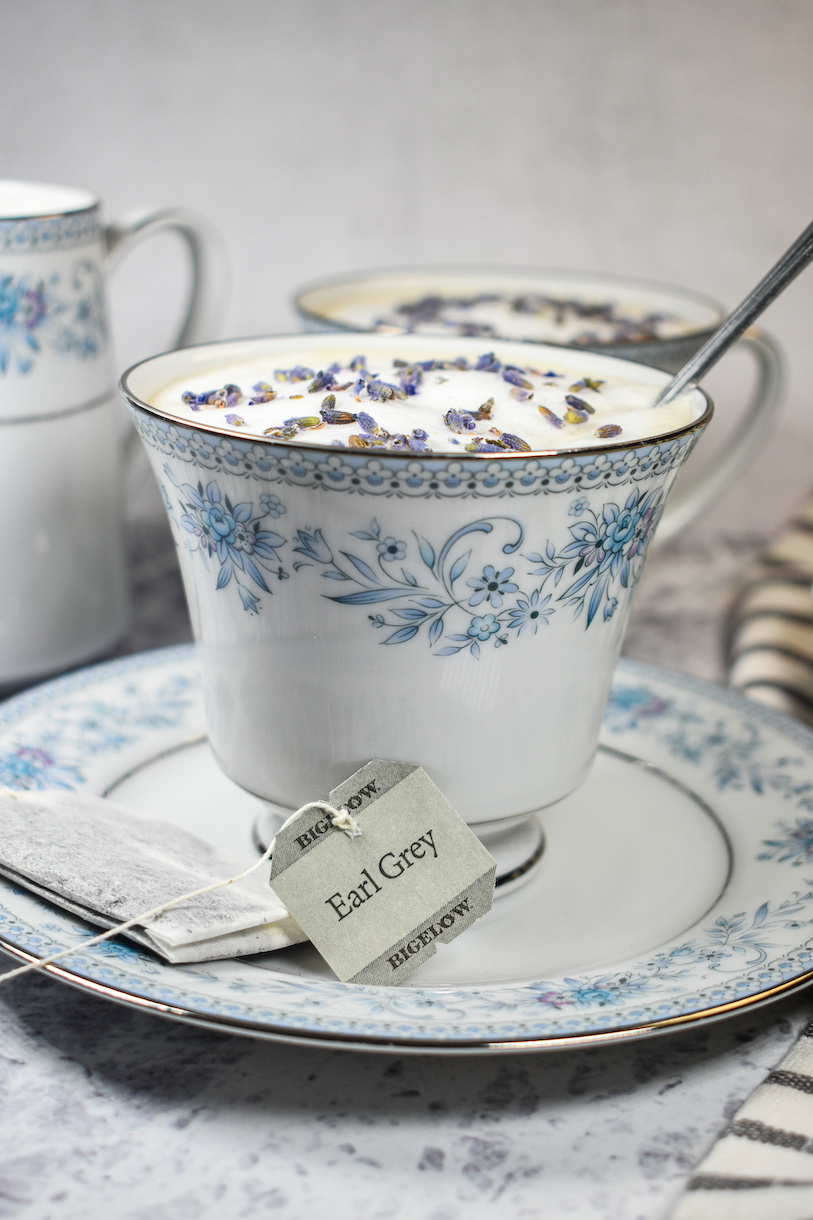 lavender london fog in a ceramic tea cup